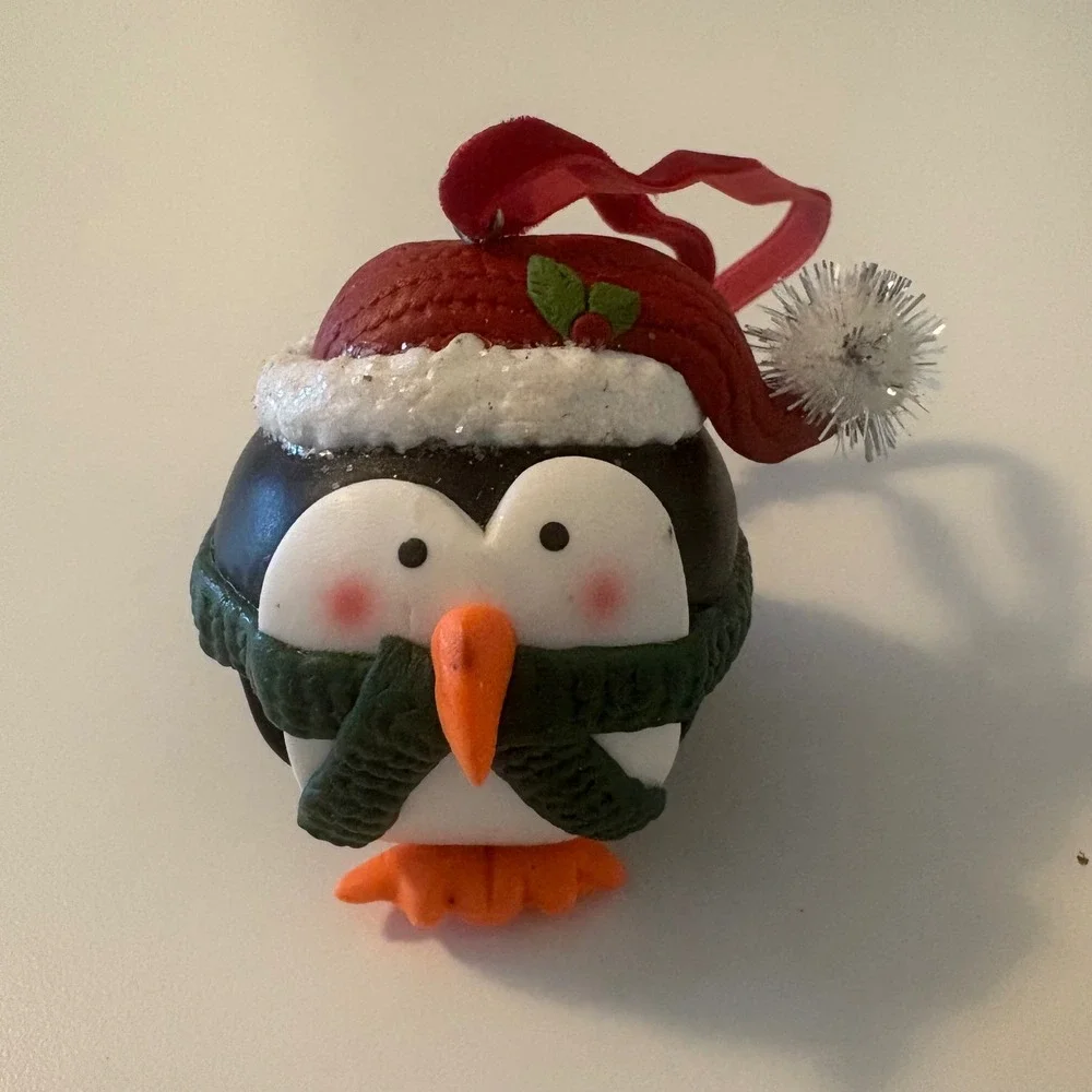 Penguin Jingle Bell Christmas Ornament Santa Hat Green Scarf Red Velvet Ribbon